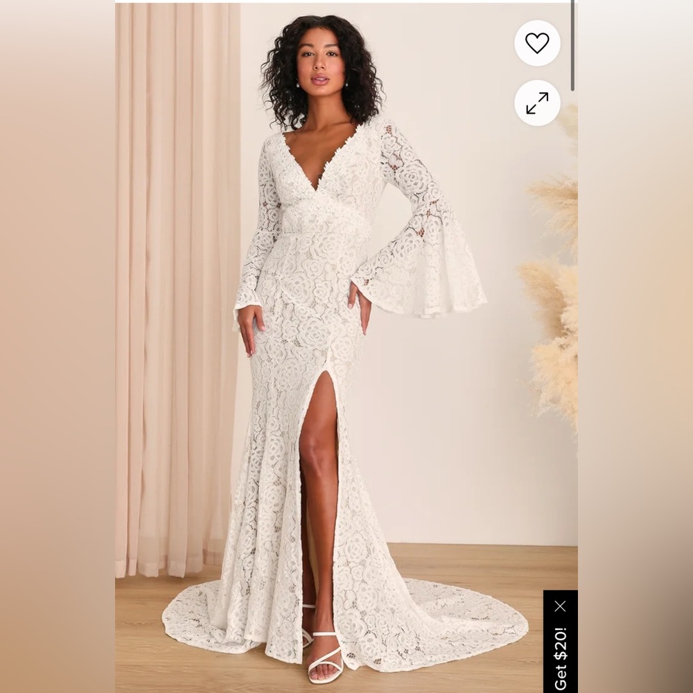 Lulu's White Lace Bridal Gown with Bell Sleeves
